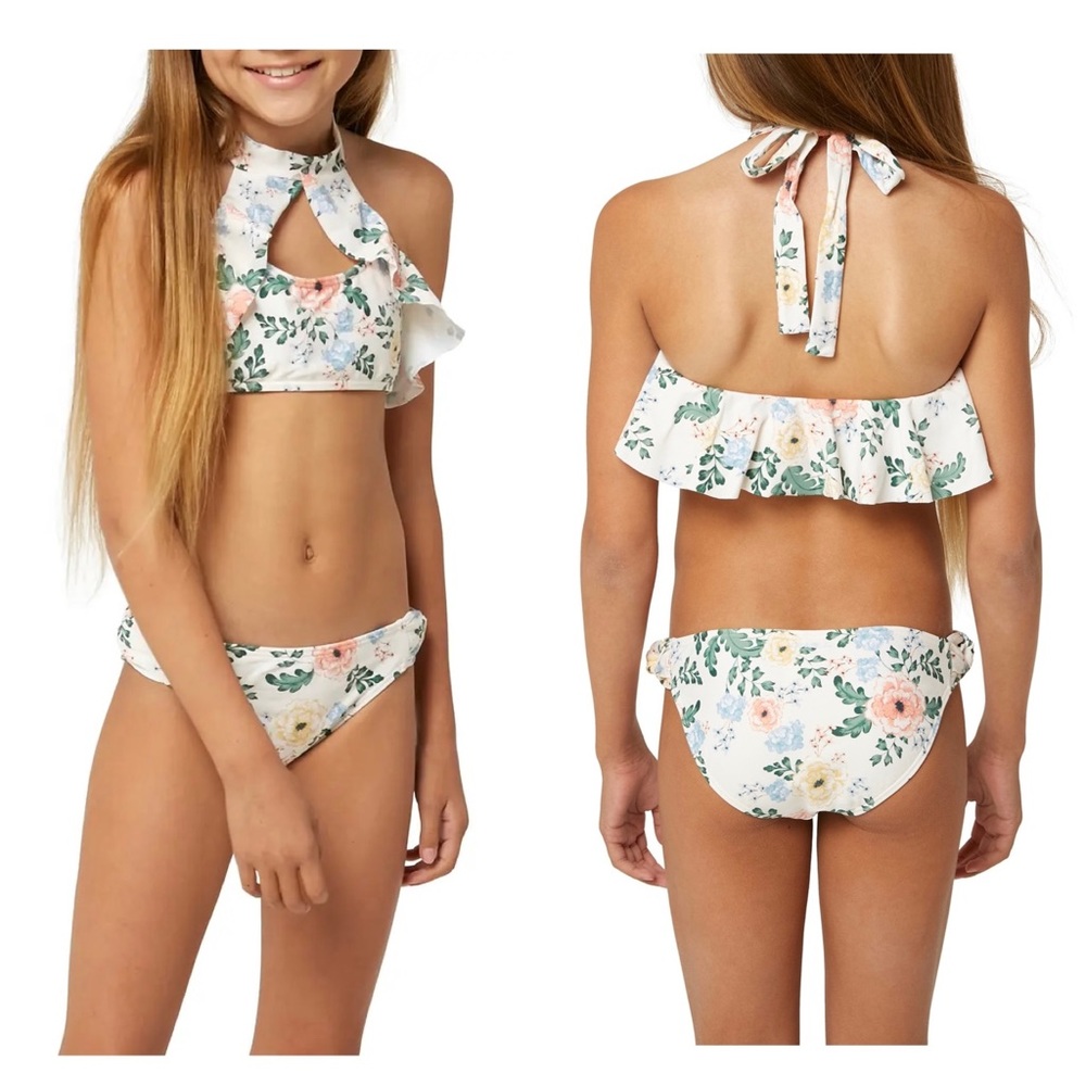 🌼🍍 NWT O’Neill Girls’ Arabella Floral High Neck Two-Piece Swimsuit 👙☀️🏝💗🍍